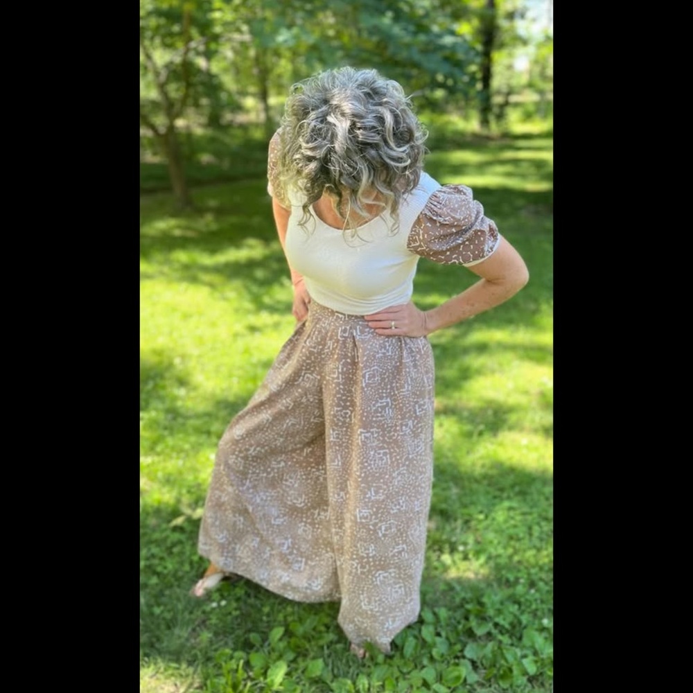 Hand Crafted Cream and Brown Wide Leg Palazzo Pant with Coordinated Bodysuit